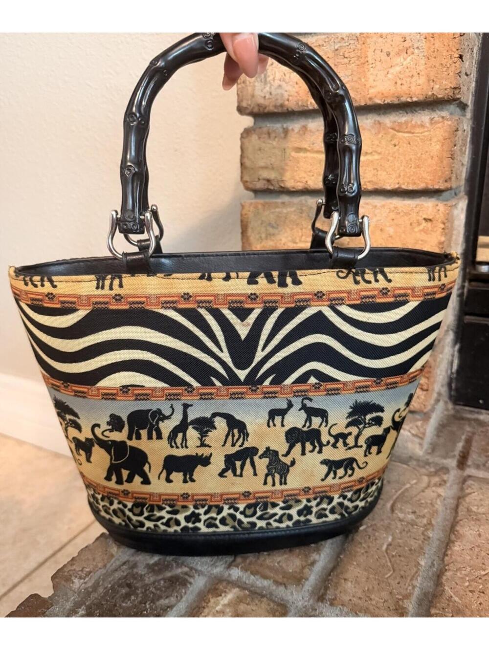 Women's Safari Tapestry African Animal Print Bamboo Handbag Purse